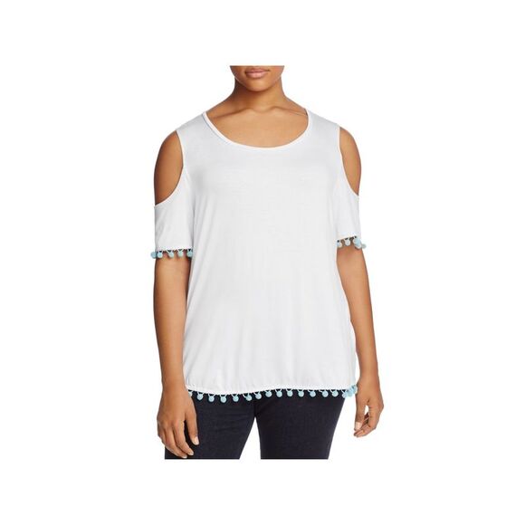 ALISON ANDREWS Womens Stretch Pom Pom Trim Short Sleeve Scoop Neck Blouse - Picture 1 of 2